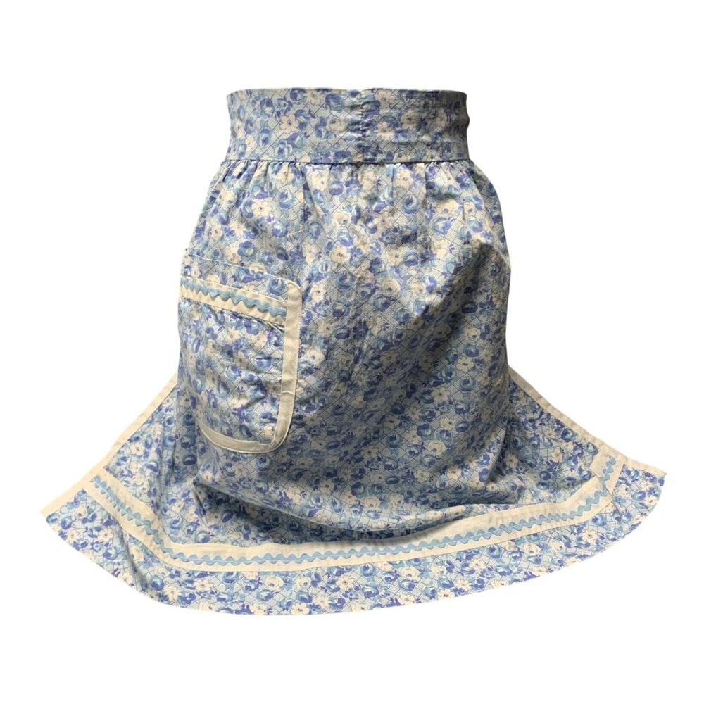 Handmade Blue Floral Half Apron with Pocket & Ric Rac Trim Vintage Style